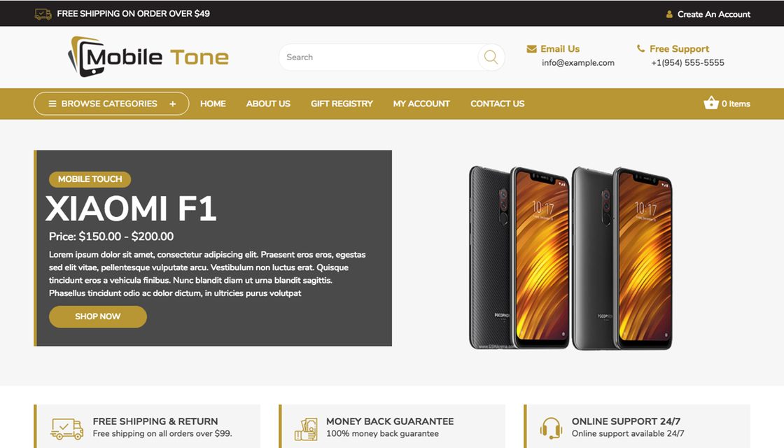 MobileTone theme for Shift4Shop, homepage preview