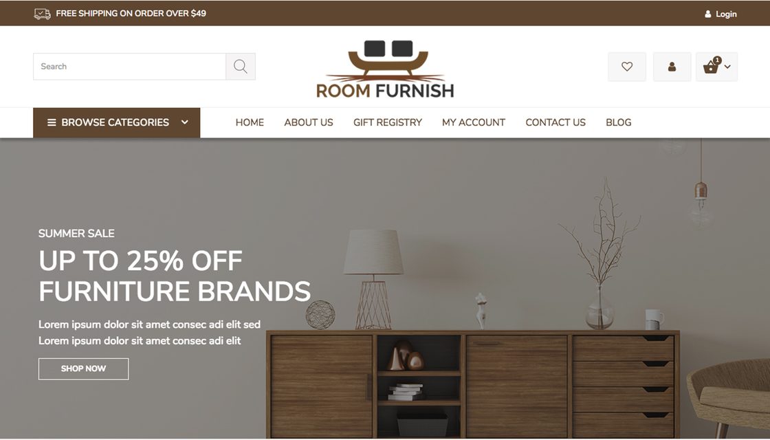 RoomFurnish theme for Shift4Shop, homepage preview