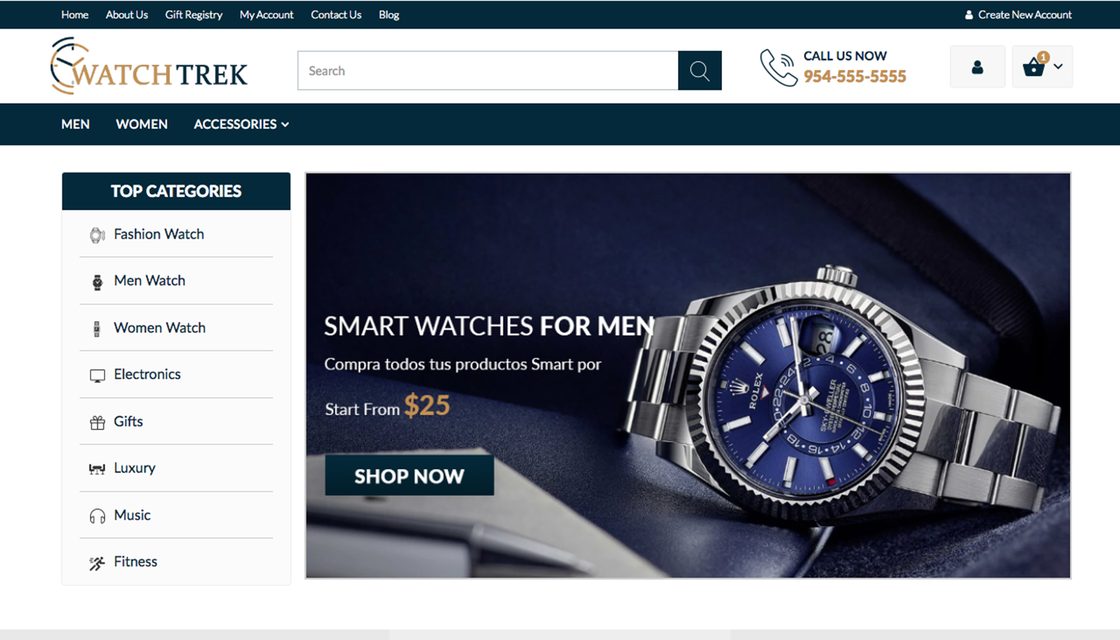 WatchTrek theme for Shift4Shop, homepage preview